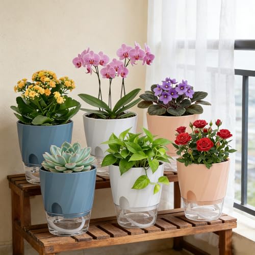 Self Watering Plant Pots 6 Inch, Indoor Planters with Wick Rope & Reservoir - color: White, Pink, Blue, size: 6 Inch Set of 6