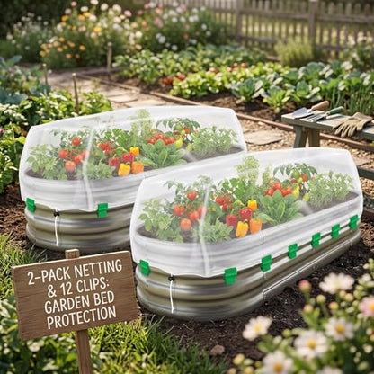2 Pack Garden Netting for Raised Beds, 4 x 2 FT Outdoor Garden Raised Bed Cover Fine Mesh Plant Netting Plant Covers Pest Barrier Screen with Drawstring and Clips