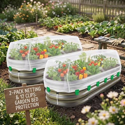 2 Pack Garden Netting for Raised Beds, 4 x 2 FT Outdoor Garden Raised Bed Cover Fine Mesh Plant Netting Plant Covers Pest Barrier Screen with Drawstring and Clips