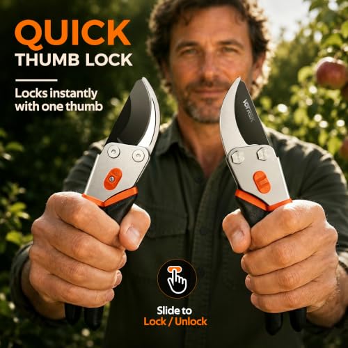 8.5" Bypass Pruning Shears, Jam-Proof Spring Clippers for branches - color: Sunset Orange