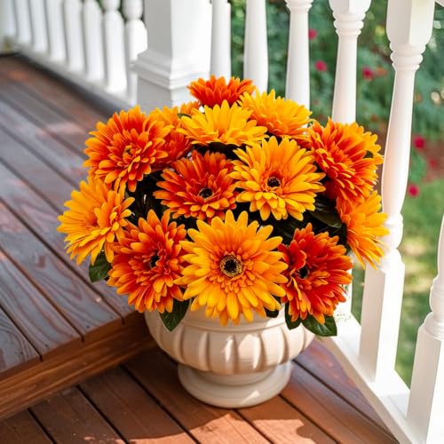 2 Bundles 16 Heads Large Artificial Mums Fake Fall Flowers for Outdoors - color: Orange Yellow