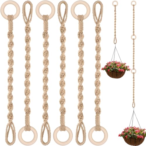 6 Pack Adjustable Macrame Plant Hanger Extender Handmade Woven Hanging Basket Extenders Connectable Rope Hanging Extension with Wooden Ring for Indoor Outdoor Plant Pot Holder(Brown) - color: Brown