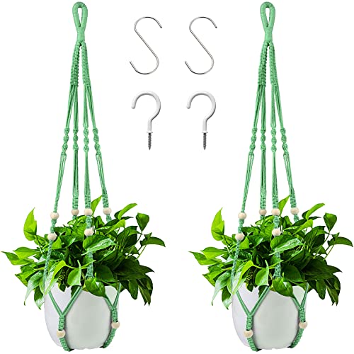 Augshy Macrame Plant Hangers Green Hanging Planters for Indoor Outdoor Home Decor, Hanging Plant Holder No Tassels Set of 2 with 4 Hooks - color: Green, size: 35 Inches