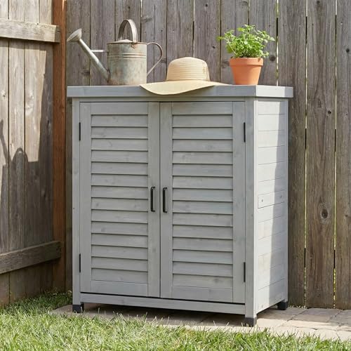 Solid Wood Patio Storage Cabinet with Metal Top - color: Grey - 31.50 X 17.00 X 36.00 Inch