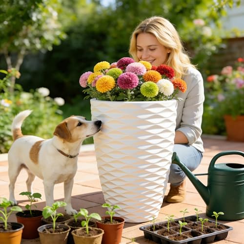 2-Pack 19" White Resin Tall Outdoor Planters with Wave Texture - color: 19"h-white Wavy