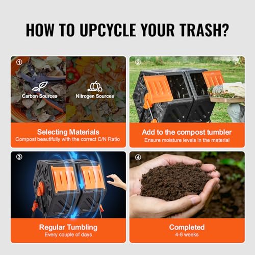 VEVOR Compost Bin, 37-Gal Dual Chamber Composting Tumbler, High Volume Two Rotating Chambers with 2 Sliding Door and Steel Frame, BPA Free Composter Bin Tumbler for Garden, Kitchen, Yard, Outdoor - size: 37 Gal