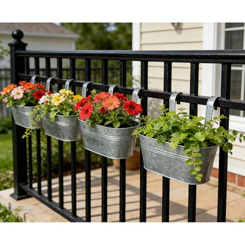 2 Pack 10" Galvanized Hanging Railing Planters with Hooks and Drainage - size: 10 Inch