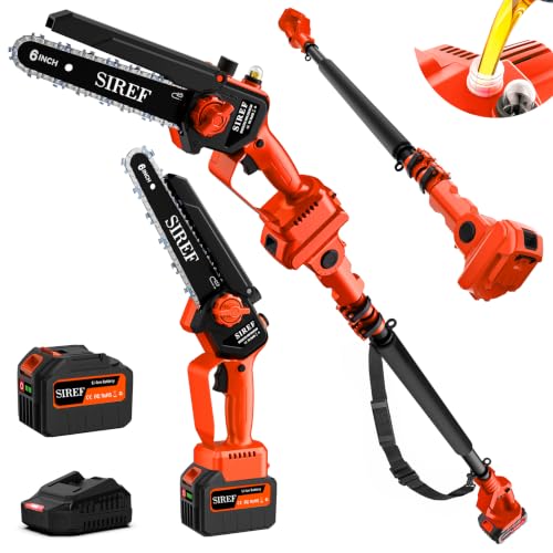 Electric Pole Saw 6“ Mini Chainsaw Cordless Telescopic 4.0Ah Batteries Fast Charger Adjustable Shoulder Strap Tree Trimmer Limb Branch Cutter Pruner 16 Ft Max Reach Multi-Angle Orange - color: Orange-1 Battery