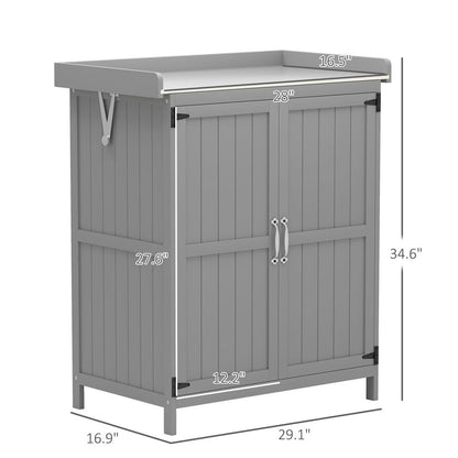 Outdoor Storage Cabinet, Garden Tool Shed with Stainless Steel Tabletop and Shelf, Wooden Potting Bench with Double Doors, Gray
