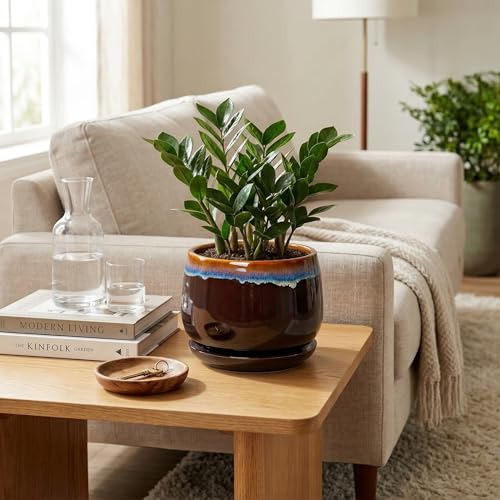 Ceramic Planter, 7 Inch Plant Pots with Drainage, Brown-Blue - size: 7 Inch, style: Brown-blue