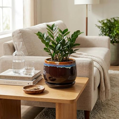 Ceramic Planter, 7 Inch Plant Pots with Drainage, Brown-Blue - size: 7 Inch, style: Brown-blue