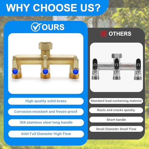 Brass Garden Hose Splitter, 3 Way Hose Splitter, Outdoor Hose Splitter, Outlet for Regulating and Shutting Off Water Flow