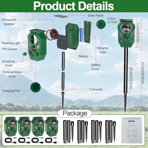 Solar Animal Repellent,Ultrasonic Cat Repellent Outdoor with Motion Sensor,Waterproof Rabbit Repeller with Flashing Light Defender Dog, Mouse,Squirrel,Raccoon,Skunk,Deer for Yard Farm Garden-4 Pack - size: 1 Count (Pack of 4)