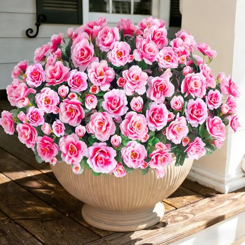 Artificial Fake Outdoor Outside Flowers Plants For Spring Decor, Faux Silk Pink Camellia UV Resistant Realistic for Front Door Porch Patio Planter Balcony Garden Yard Home Decor, 3 Large Bundles - color: Pink