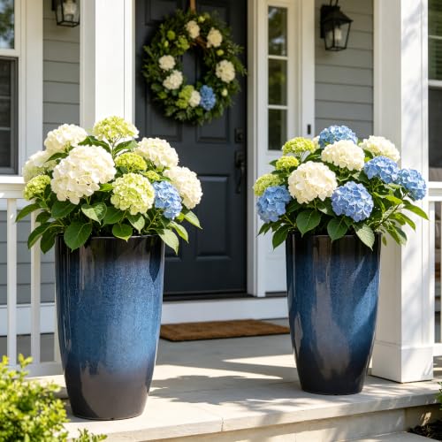 Autodaya 24" Large Tall Outdoor Planters Set of 2, Faux Ceramic Flower Pots - color: 23.8" Blue Gradient Cobalt Finish