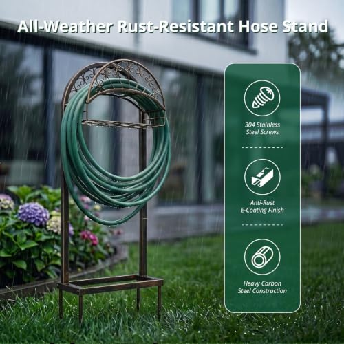 Heavy Duty Garden Hose Holder Stand, Freestanding Detachable with 4 Anchor Spikes, Storage Basket, Rustproof Steel, for Yard Lawn Patio
