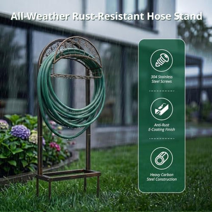 Heavy Duty Garden Hose Holder Stand, Freestanding Detachable with 4 Anchor Spikes, Storage Basket, Rustproof Steel, for Yard Lawn Patio