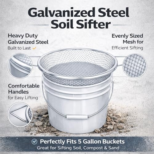 Soil Sifter with Handle, Fits 5-Gallon Buckets — Heavy-Duty Garden Soil Filter Tool (3 PCS 3/8in,1/4in,1/8in)