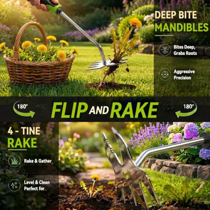 Weed Puller Tool, 2-in-1 Hand Weeder and Root Remover, Heavy Duty Stainless Steel Weeding Tool for Deep Roots, Ergonomic Garden Weed Pulling Tool for Lawn and Yard - Green (Green) - color: Green