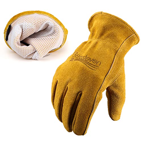 Leather Gardening Gloves for Men Women: Thorn Proof Cowhide Work Gloves - color: Yellow ( Pack of 1 ), size: Large