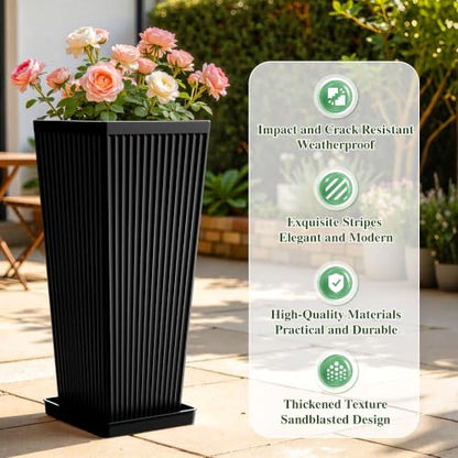 24" Tapered Tall Planters for Outdoor Plants with Tray&Shelf, Black - color: Black2-smooth