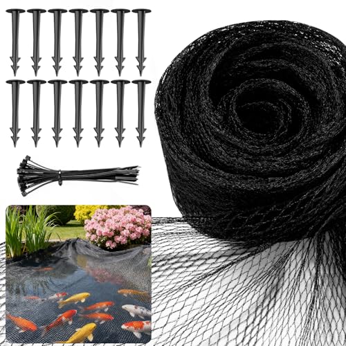 20 x 30Ft Pond Netting for Koi Ponds, Koi Pond Net Cover, Durable & Sturdy Pond Netting Cover for Leaves, Protect Koi Fish Against Herons, Raccoons, Cats & Predators, 14pcs Stakes Included - size: 20 × 30 ft