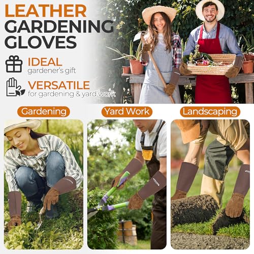 HANDLANDY Long Gardening Gloves for Men & Women, Cowhide Leather Rose Pruning Gloves- Breathable & Durable Gauntlet Glove (Medium, Brown) - color: Brown, size: Medium (Pack of 1)