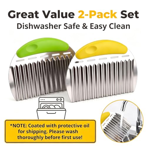 Crinkle Cutter French Fry Cutter, 2 Pack Stainless Steel Wavy Potato Slicer - color: Yellow & Green
