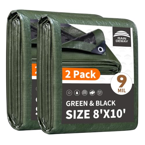 RAINDEWAY 8x10 Feet(2 Pack) Tarp Waterproof,9Mil Green/Black Tarps Cover - color: Green/Black, size: 8x10 Feet (2 Pack)-Finished size