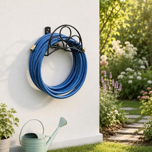 Metal Garden Hose Holder - Wall Mounted Black Water Hose Holder - Hose Hanger Heavy Duty for Water Hose Extension Cords Vacuum Hose - color: Black