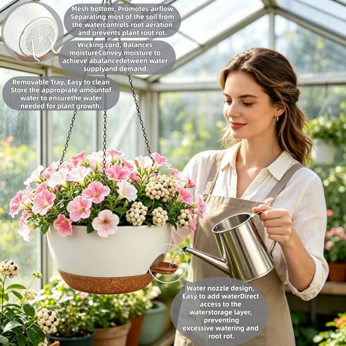 12" Self Watering Hanging Planters with Chains, White Brown, 2 Pack - color: White Brown, size: 2 pack 12 inches