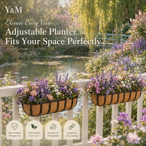 Y&M Railing Planter Boxes 24 Inch 2 Pack, 2-in-1 Adjustable Hanging Balcony Planters with Coco Liners, Heavy Duty Window Box Planters with Support Rods for Outdoor Garden - size: 24in 4P