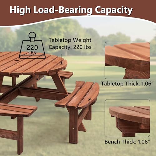 Outdoor Picnic Table for 8 Person, Wooden Picnic Tables with 4 Built-in Benches and Umbrella Hole Outside Table and Bench Set Round Picnic Table for Garden, Backyard, Porch,Patio （Natural - size: 8Person-Round-B