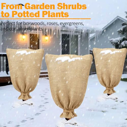 3-Pack Burlap Fabric Plant Bags - 24 X 40 Inch Winter Plant Cover Freeze Protection, Reusable Burlap Sacks Plant Frost Cloth for Outdoor Plants, Cold Weather Tree Wrap for Trees, Bushes & Garden