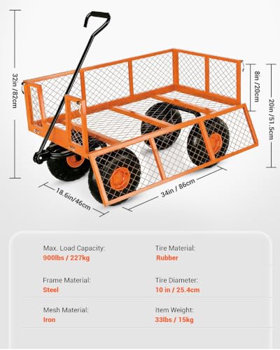 900 LBS Heavy Duty Steel Garden Cart, 3-in-1 Yard Wagon, 10" Air Tires - color: Orange, size: 900LBS