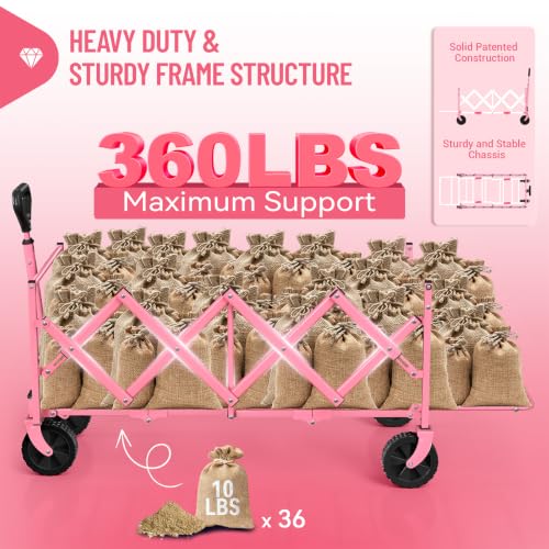 HIKEMOON 43'' Extra Long Folding Wagon with Extended Tailgate, Pink - color: Pink