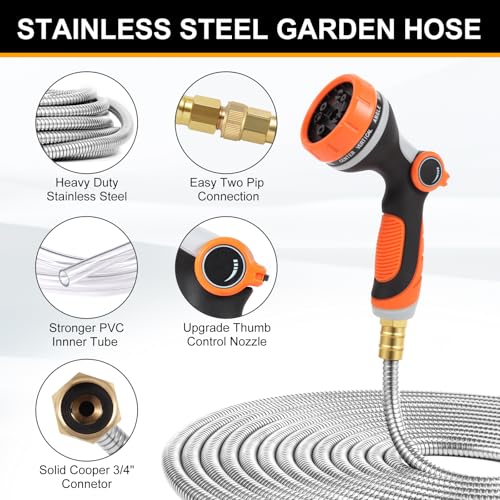 Metal Garden Hose 75ft, Stainless Steel Water Hose 75ft with 10 Function Sprayer Nozzle, Leaf-Proof Kink Free Heavy Duty Lightweight for Outdoor,Yard,Lawn,Patio, Car - size: 75ft