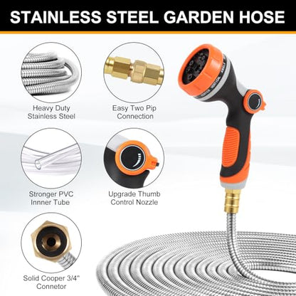 Metal Garden Hose 75ft, Stainless Steel Water Hose 75ft with 10 Function Sprayer Nozzle, Leaf-Proof Kink Free Heavy Duty Lightweight for Outdoor,Yard,Lawn,Patio, Car - size: 75ft