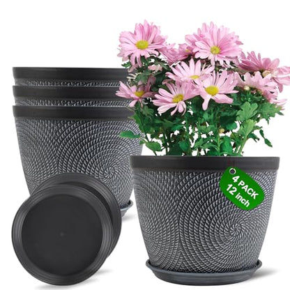 Quarut 12 in Large Plant Pot,Plastic Flower Pots with Drainage Hole &Saucer - color: Gray, size: 12 Inch
