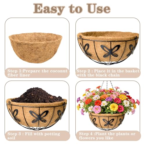 EIMQUVW Outdoor Metal Hanging Planters Basket (4pack, 14 inch) Hanging Baskets for Plants Chain Round Wire Plant Holder with Coco Fiber Liners for Garden, Patio, Deck, Porch(Butterfly)