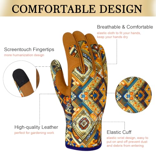 Leather Gardening Gloves for Women Thorn Proof Garden Gloves Touch Screen Working Gloves Gifts,M - color: Bohemian Style a