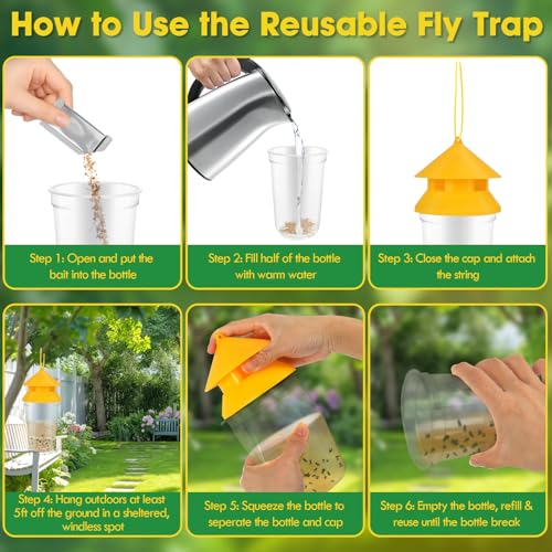 Outdoor Fly Traps, 2 Pack Reusable Hanging Fly Trap for Patio with 12 Non-Toxic Dissolvable Bait Refills, Insect Bug Catcher Killer for All Filth Flies with Ties for Outside Bug Control Yard Ranch