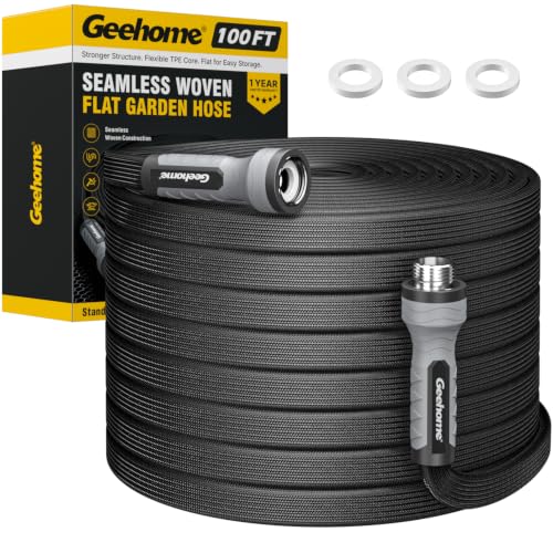 Flat Garden Hose 100FT, Seamless Woven Water Hose with Flexible TPE Inner Tube, Lightweight Compact Design, Standard 3/4 in. GHT Fittings for Outdoor Watering, Cleaning and Yard Use - size: 100FT