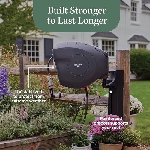 HOSELINK Classic Charcoal 82ft Hi-Flow Automatic Retractable Hi-Flow Garden Hose Reel, 9/16”, UV-Stabilized Kink-Free Hose, Wall Mounted Complete Watering Solution for Backyard, Garden & Outdoor - size: 82ft 9/16" Hi-Flow