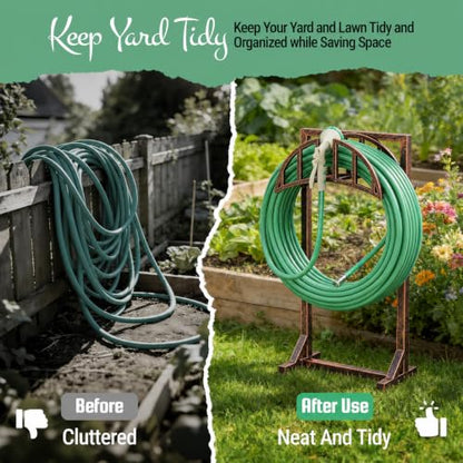 YQSLYSF Garden Hose Holder, Water Hose Stand with 4 Stake and 2 Tool Hooks, Heavy-Duty Metal Hose Storage Holds 150Ft, Freestanding Hose Hanger Rack for Outside, Yard, Lawn, Farm（Antique Bronze）