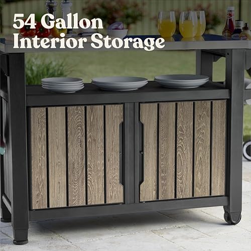 Keter Unity XL Outdoor Entertainment Cart with Wood‑Look Finish, 78‑Gallon Patio Storage Cabinet, Food Prep Station, Stainless‑Steel Top for BBQ, Grill, Patio, Deck & Backyard, Ashwood - color: Ashwood