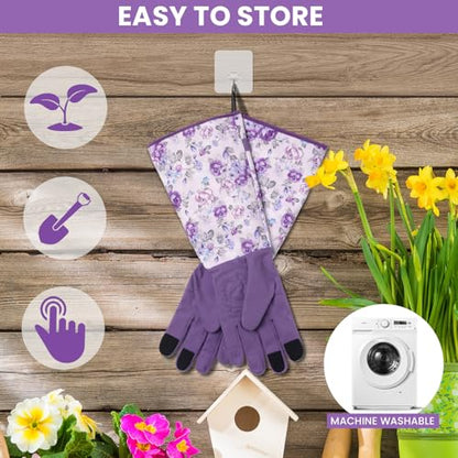 Gardening Gloves for Women, Long Garden Gloves with Grip, Thorn-Proof, Gift - color: Light Purple - Flower