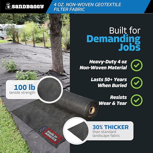 Sandbaggy Non Woven 4 oz Geotextile Landscape Fabric | Industrial Grade Fabric | 100 Lbs of Tensile Strength | UV Protected from Sun Exposure | Approved by DOT (12 ft x 100 ft Roll) - size: 12 ft x 100 ft Roll