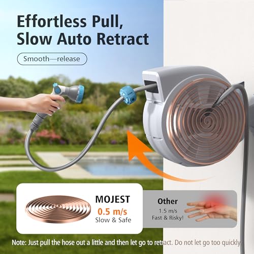MOJEST Retractable Garden Hose Reel - 1/2 in x 100 ft Wall Mounted Heavy Duty Water Hose Reel with Automatic Slow Rewind System, 2 Hose Nozzle, 180°Swivel Bracket, Light Gray - color: Light Gray, size: 100FT