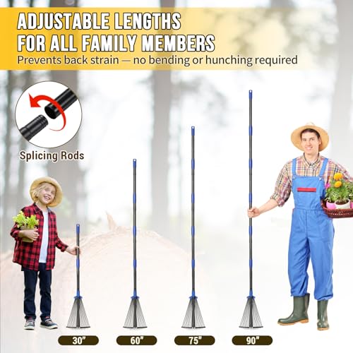 Adjustable Leaf Rake, Heavy Duty Metal Rake for Leaves, Long Handle 30"-60" with Expandable Head 8"-17", Collapsible Small Rakes for Lawns, Gardening, Yard, Camping, Shrub, Grass, Bush, Weed, Debris